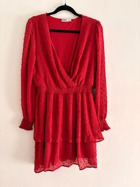 Devoted Red Swiss Dot Long Sleeve V Neck Mini Dress BNWT Size L